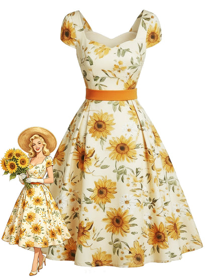 Sale] Orange 1950s Sunflower Sweetheart Neck Dress Margot Mesh Ruffle Maxi Dress