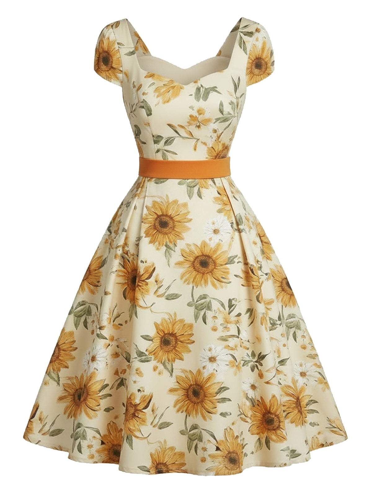 Sale] Orange 1950s Sunflower Sweetheart Neck Dress Margot Mesh Ruffle Maxi Dress