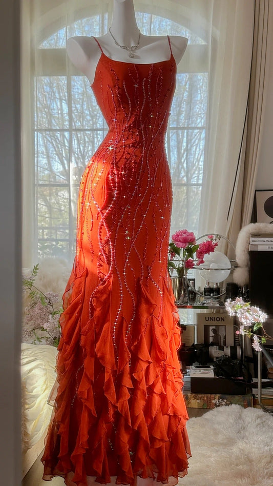 Orange Aurelia Beaded Chiffon Evening Dress