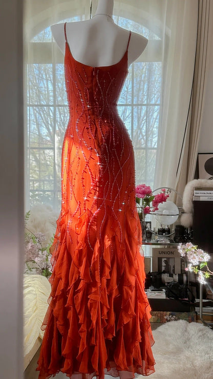 Orange Aurelia Beaded Chiffon Evening Dress
