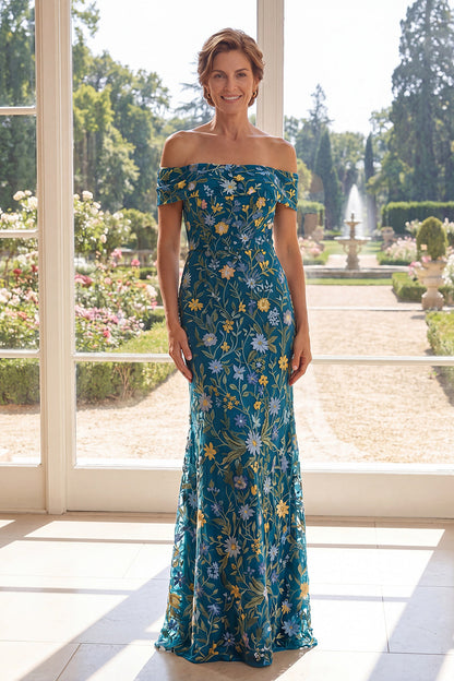 Black Mermaid Long Off the Shoulder Green Floral Mother of the Bride Dress - Green / US4