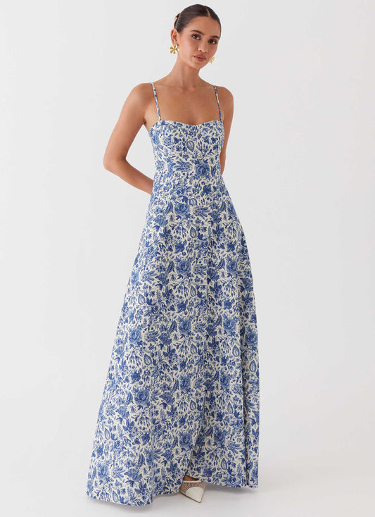 Blue Paisley Angelina Linen Maxi Dress