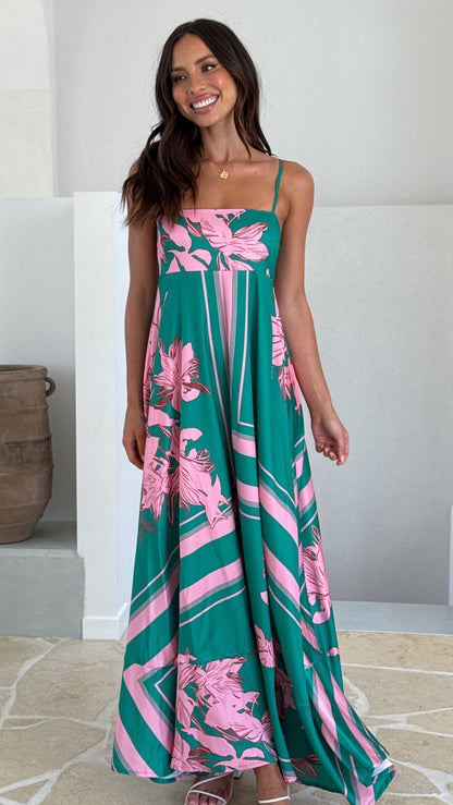 Green/Pink Floral Kaethe Ombré Maxi Dress