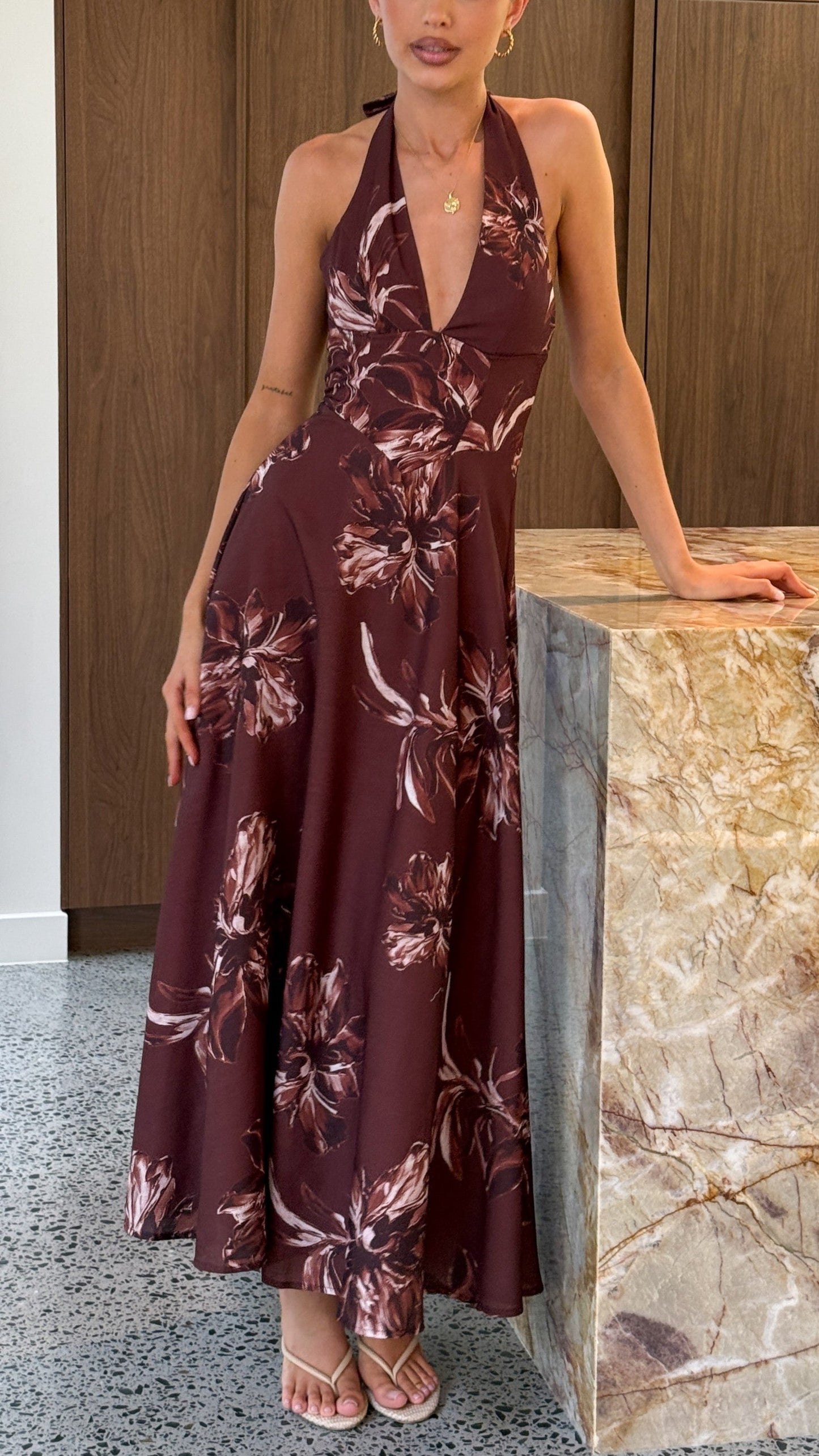 Chocolate Flower Skye Floral Maxi Dress in Chocolate