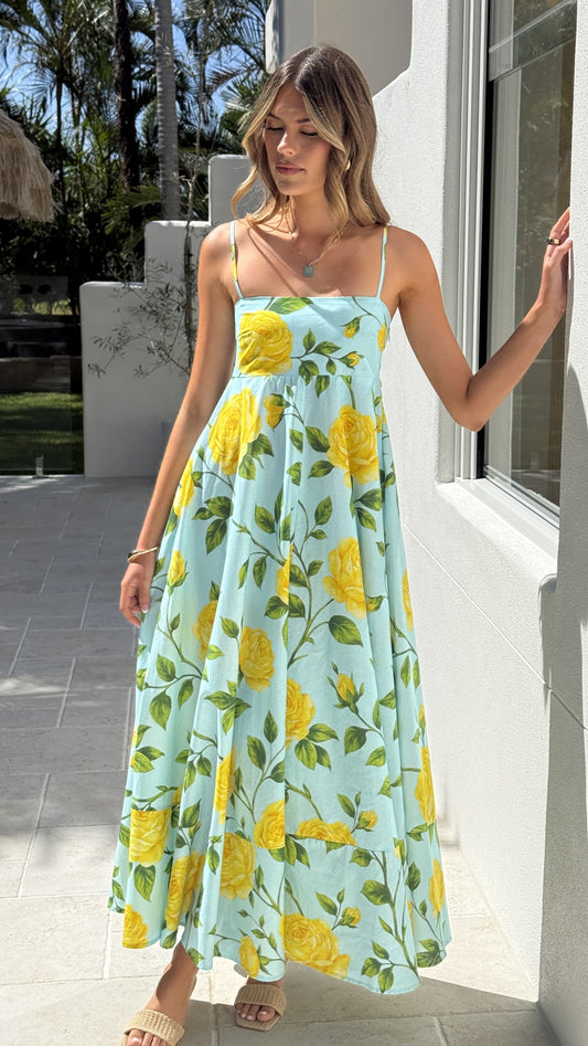 Lemon/Aqua Floral Kaethe Floral Maxi Dress