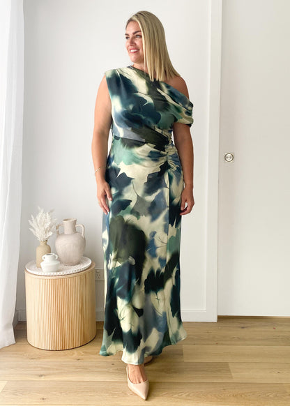 Forest Abstract Violet One-Shoulder Maxi Dress