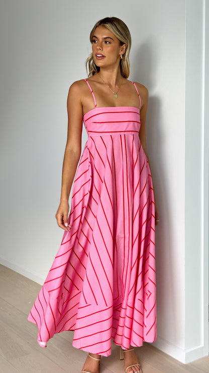 Pink / Red Stripe Kaethe Floral Maxi Dress