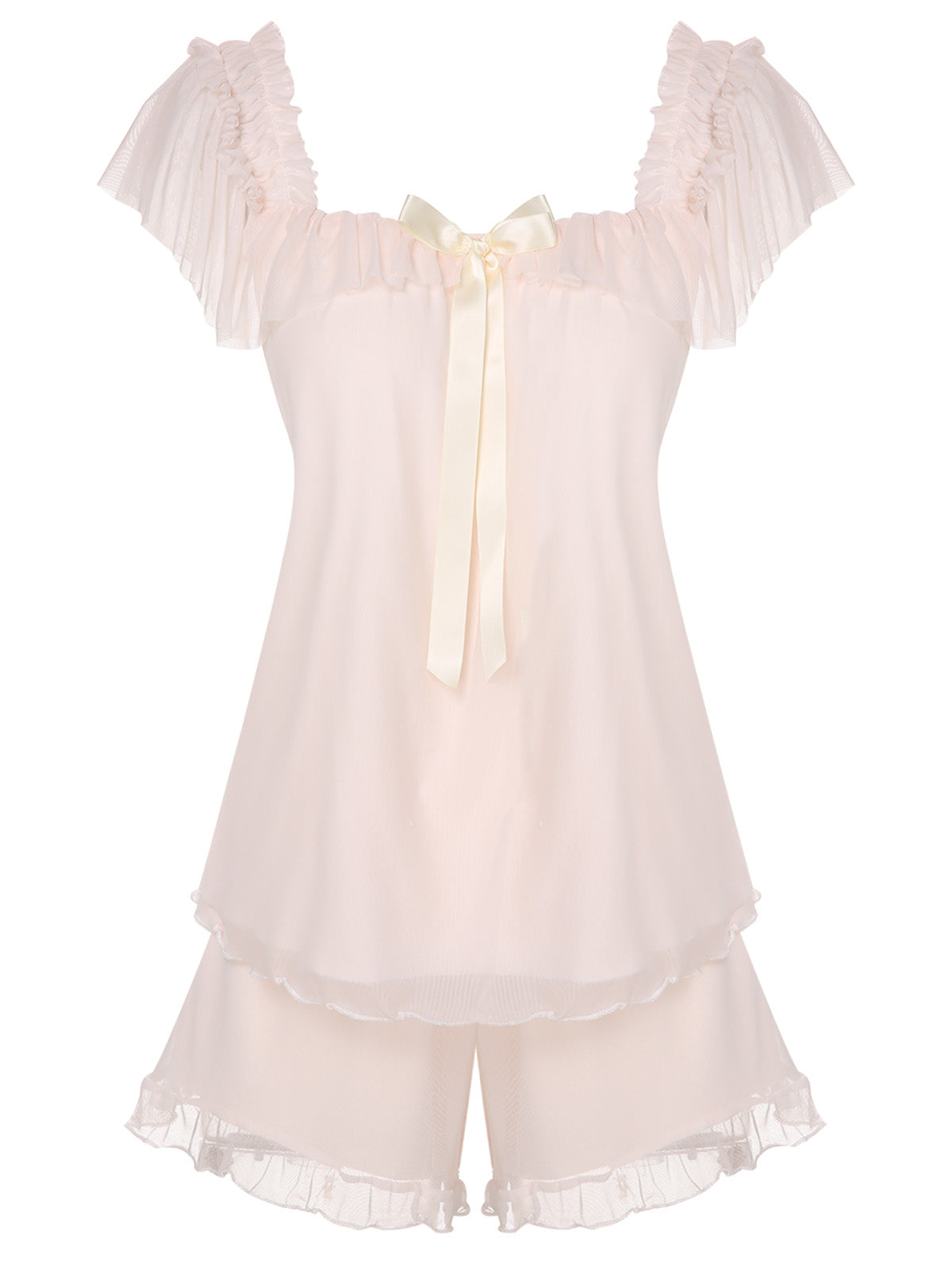 Sale] Pink 1950s Square Collar Ribbon Pajamas Margot Mesh Ruffle Maxi Dress