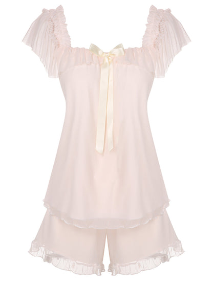 Sale] Pink 1950s Square Collar Ribbon Pajamas Margot Mesh Ruffle Maxi Dress