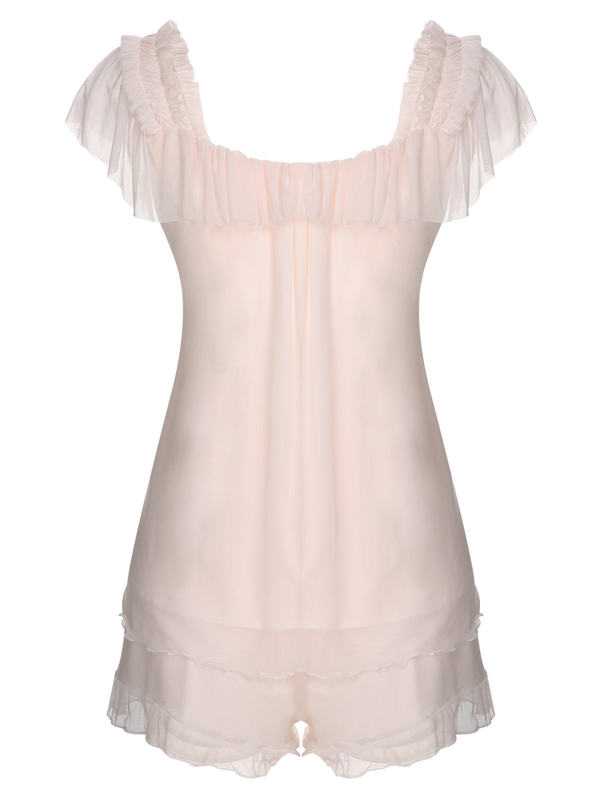 Sale] Pink 1950s Square Collar Ribbon Pajamas Margot Mesh Ruffle Maxi Dress