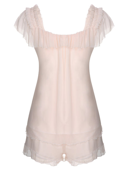 Sale] Pink 1950s Square Collar Ribbon Pajamas Margot Mesh Ruffle Maxi Dress