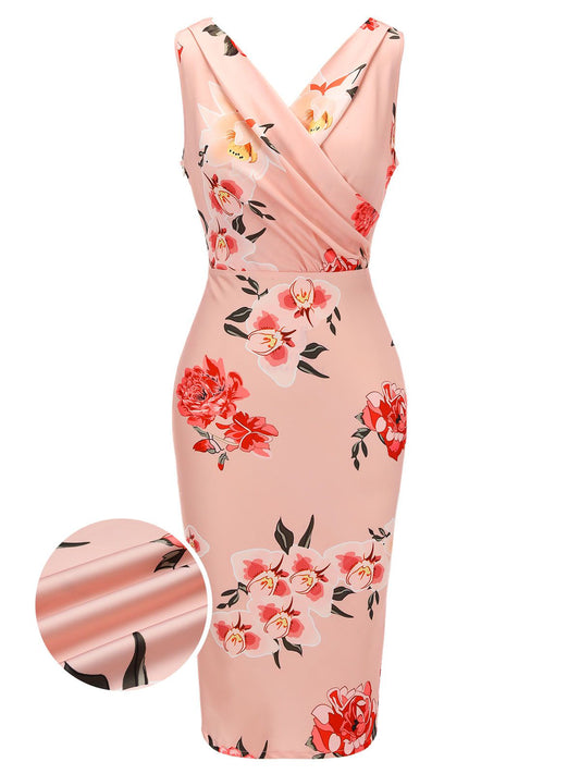 neck Wrap Floral Pencil Dress Pink 1960s V-neck Wrap Floral Pencil Dress - Pink / S / 2
