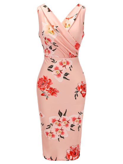 neck Wrap Floral Pencil Dress Pink 1960s V-neck Wrap Floral Pencil Dress - Pink / S / 2