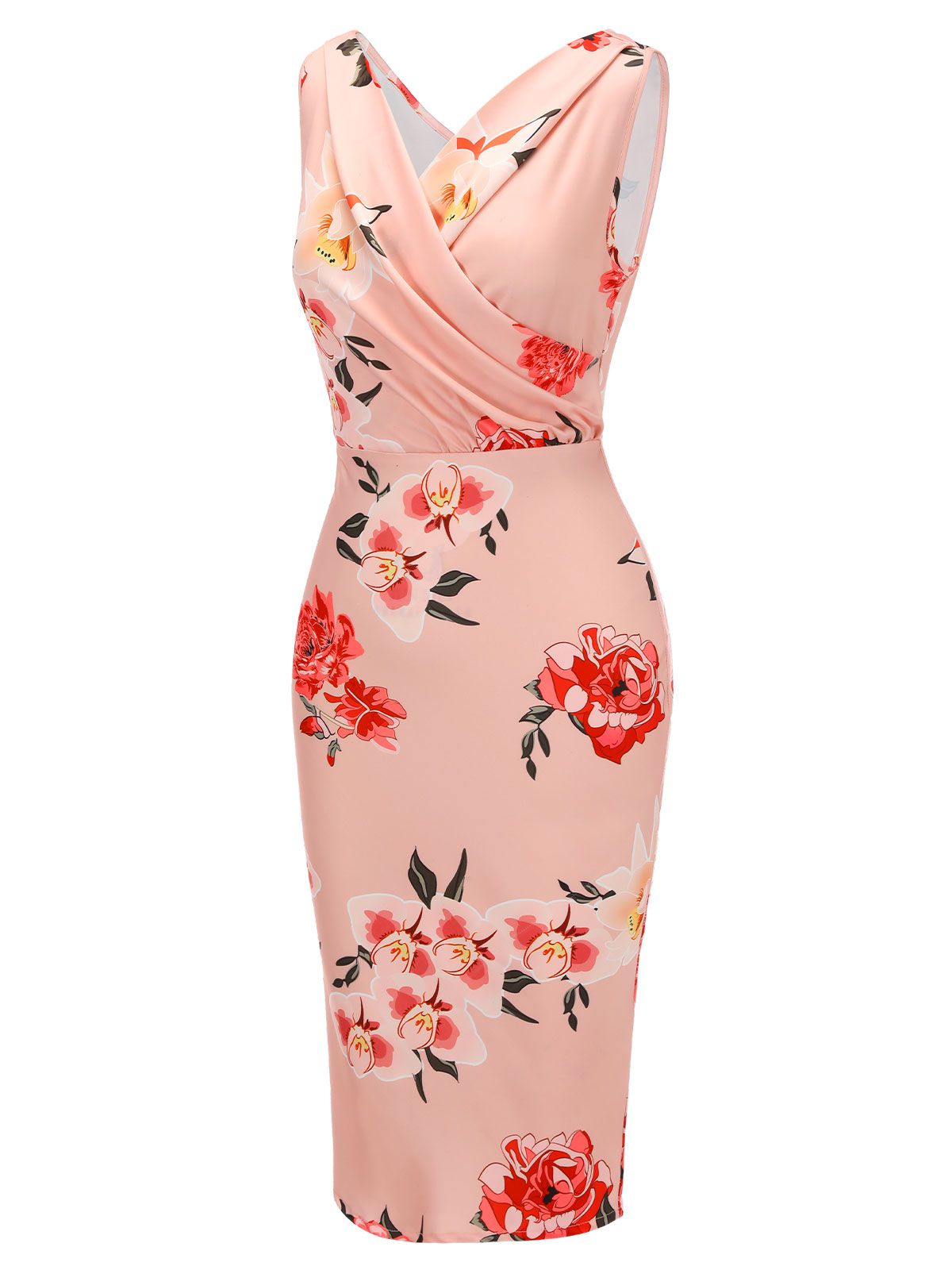 neck Wrap Floral Pencil Dress Pink 1960s V-neck Wrap Floral Pencil Dress - Pink / S / 2
