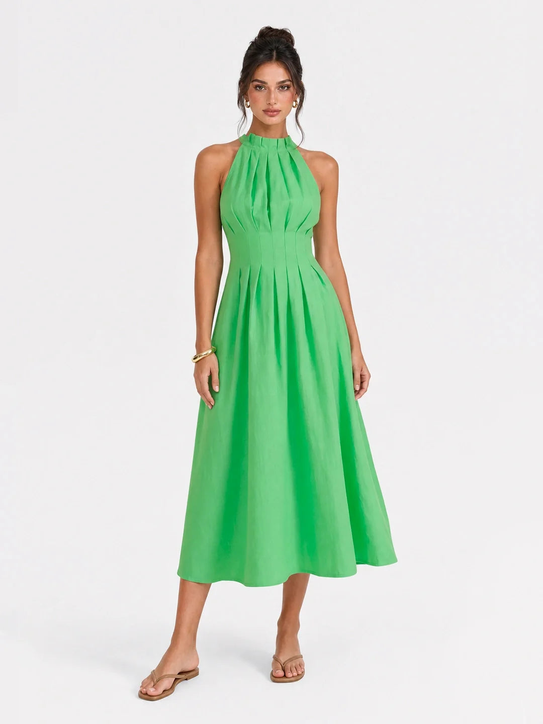 Green Margot Pleated Halter Midi Dress in Green