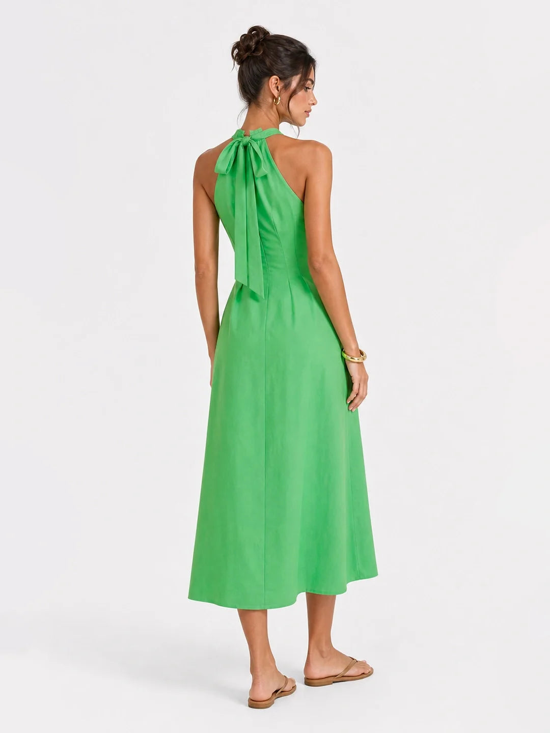 Green Margot Pleated Halter Midi Dress in Green