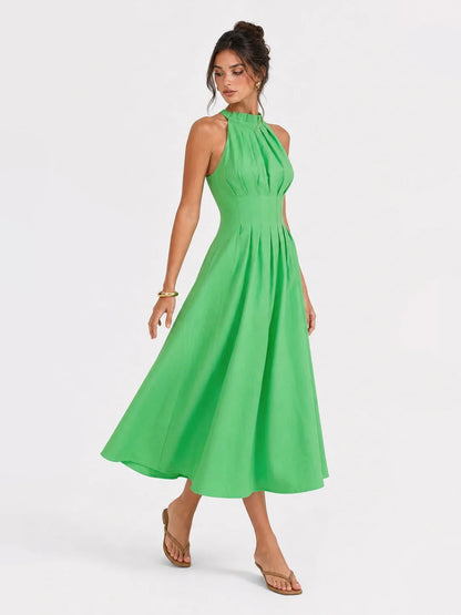 Green Margot Pleated Halter Midi Dress in Green