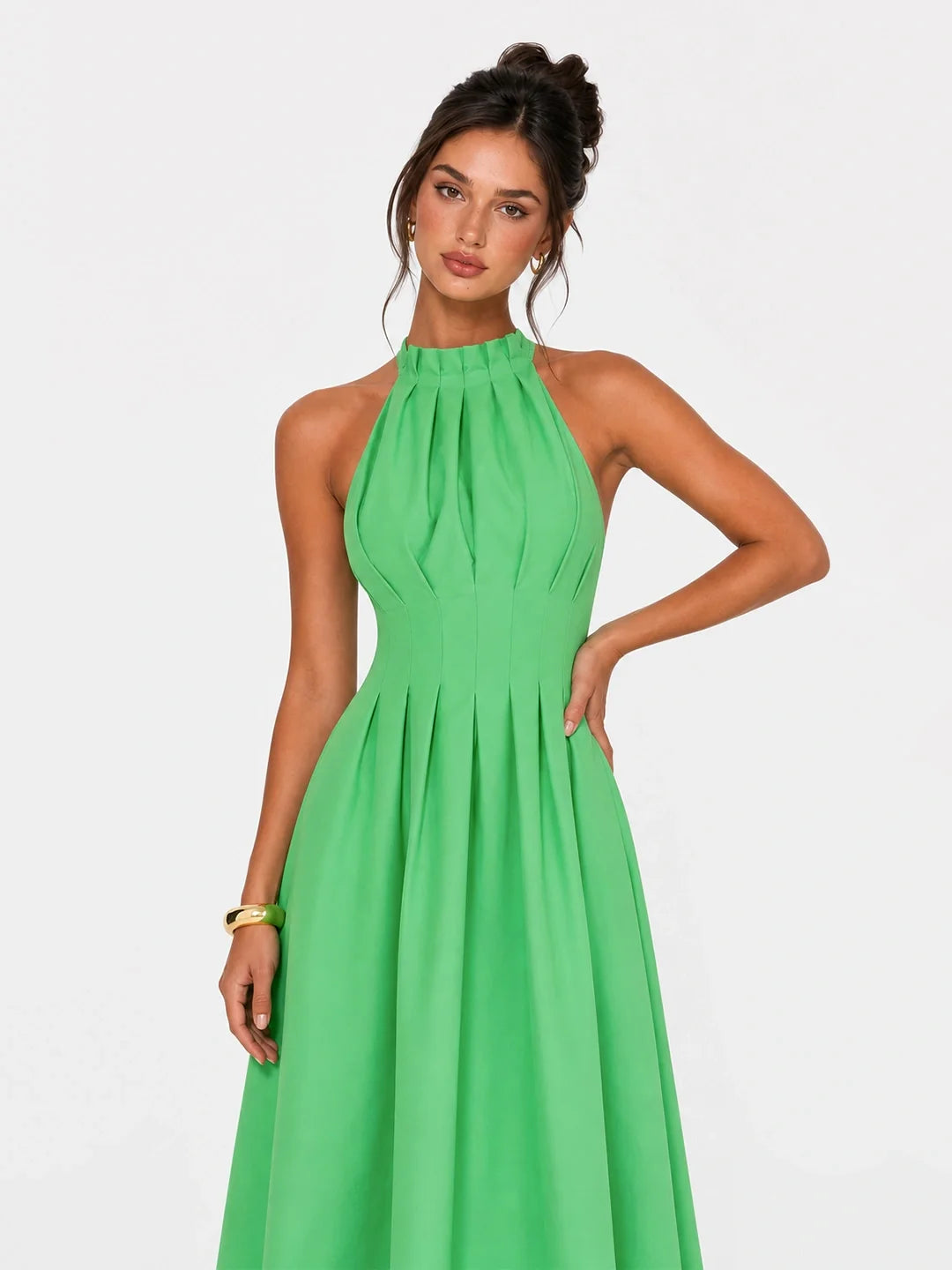 Green Margot Pleated Halter Midi Dress in Green