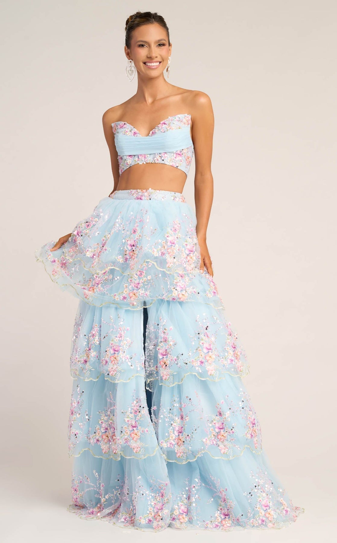 Pink Portia Tiered Tulle Two-Piece Gown