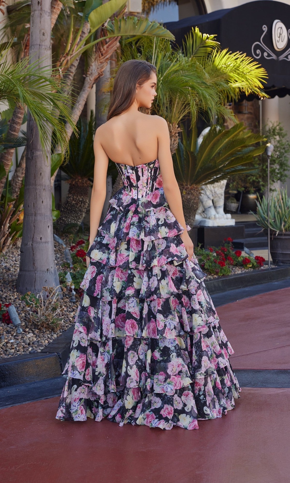 Black Print Isabelle Ruffled Print Prom Dress