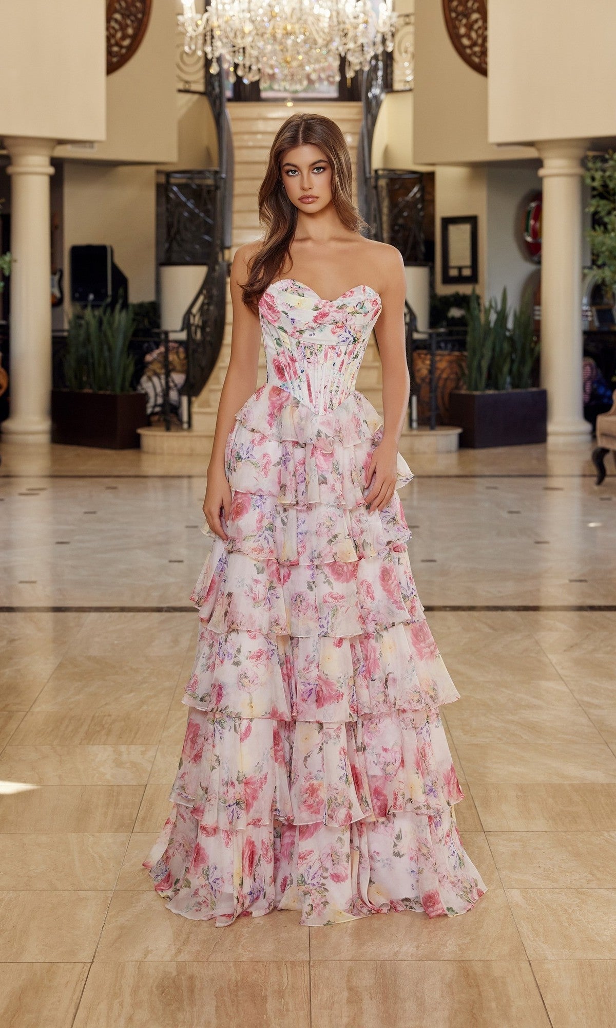 Blush Print Isabelle Ruffled Print Prom Dress
