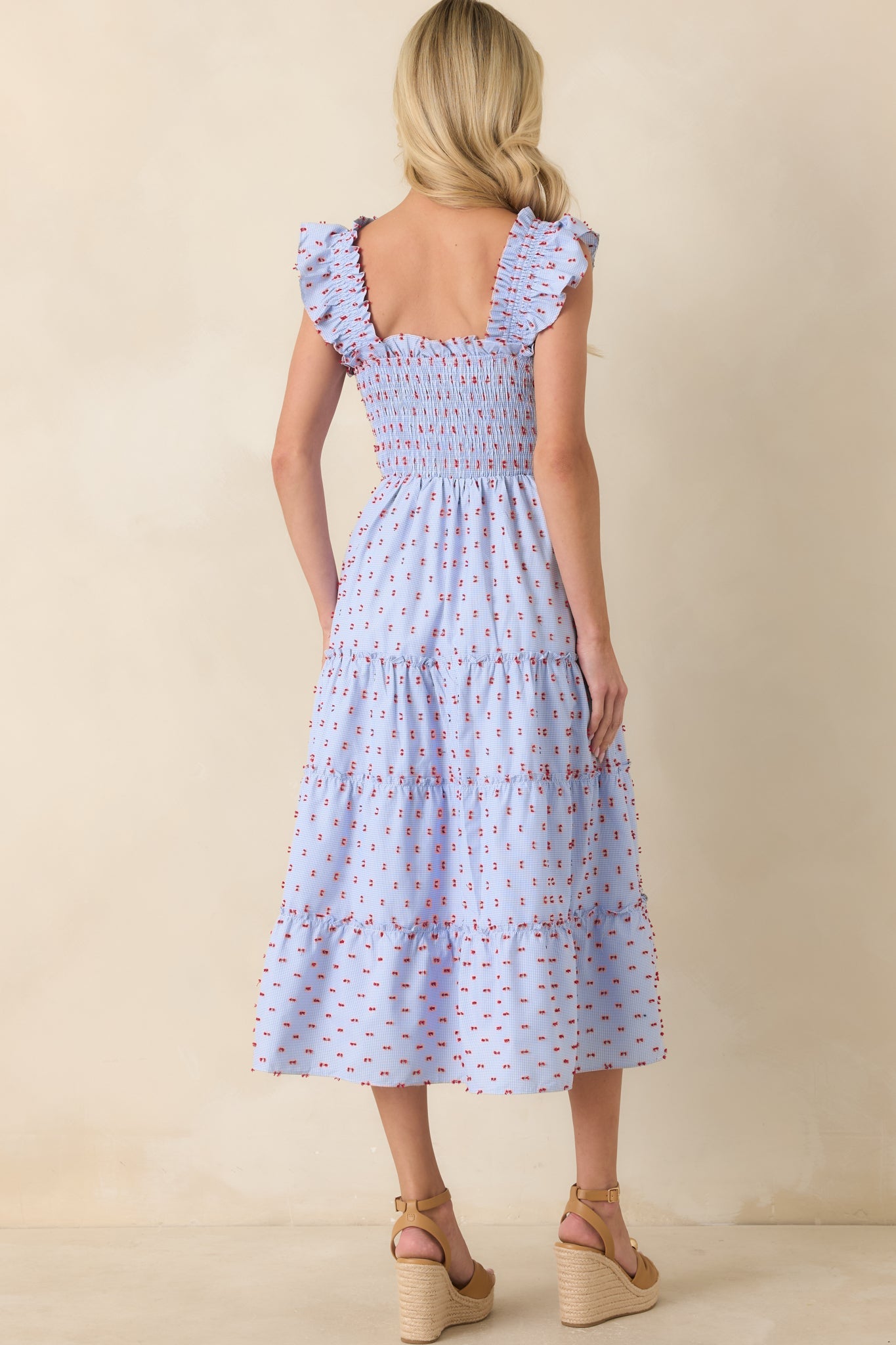 Blue Prosperina Gingham Embroidered Midi Dress