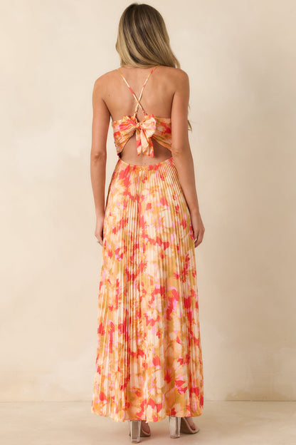 Sunshine Peach & Red Multi Satin Finish Pleated Maxi Dress Aurelia Painted Satin Pleated Maxi Dress