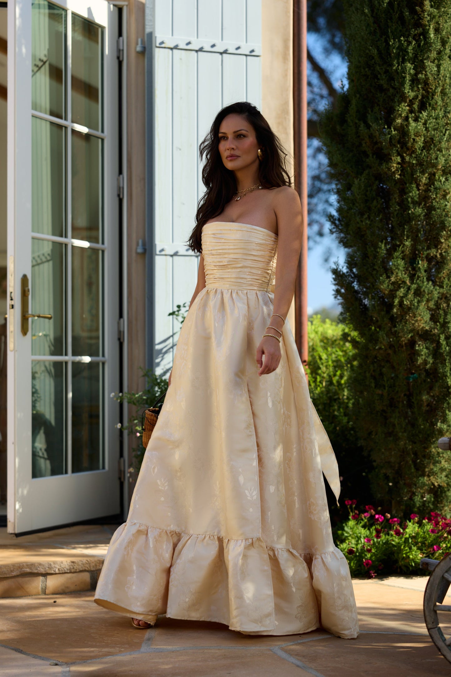 Butter Yellow Baroque Floral Regina Brocade Midi Dress