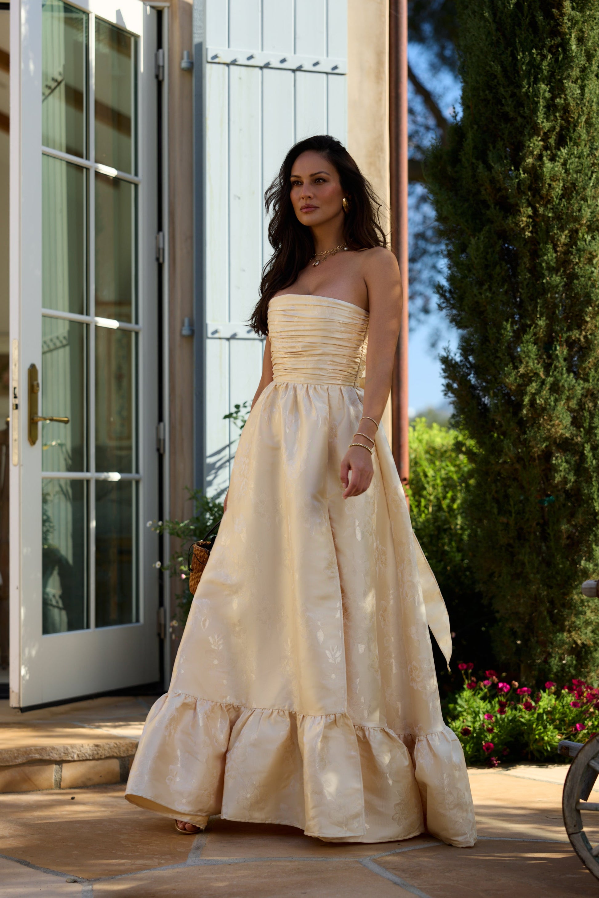 Butter Yellow Baroque Floral Regina Brocade Midi Dress