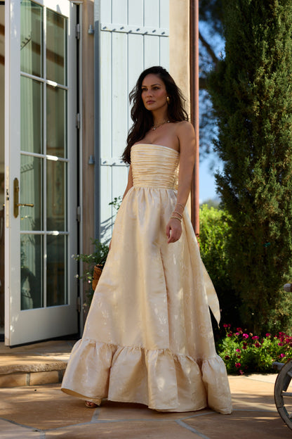 Butter Yellow Baroque Floral Regina Brocade Midi Dress