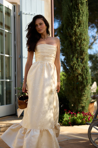 Butter Yellow Baroque Floral Regina Brocade Midi Dress