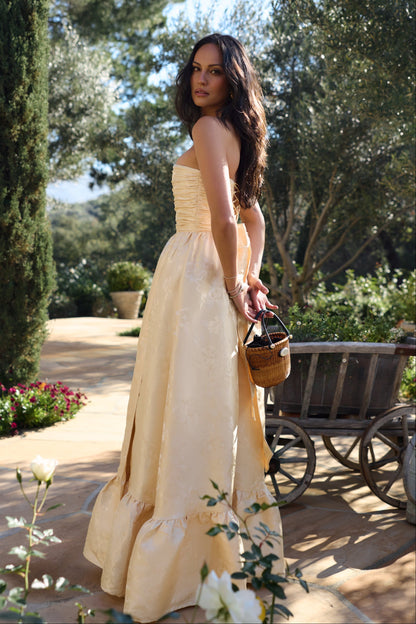 Butter Yellow Baroque Floral Regina Brocade Midi Dress