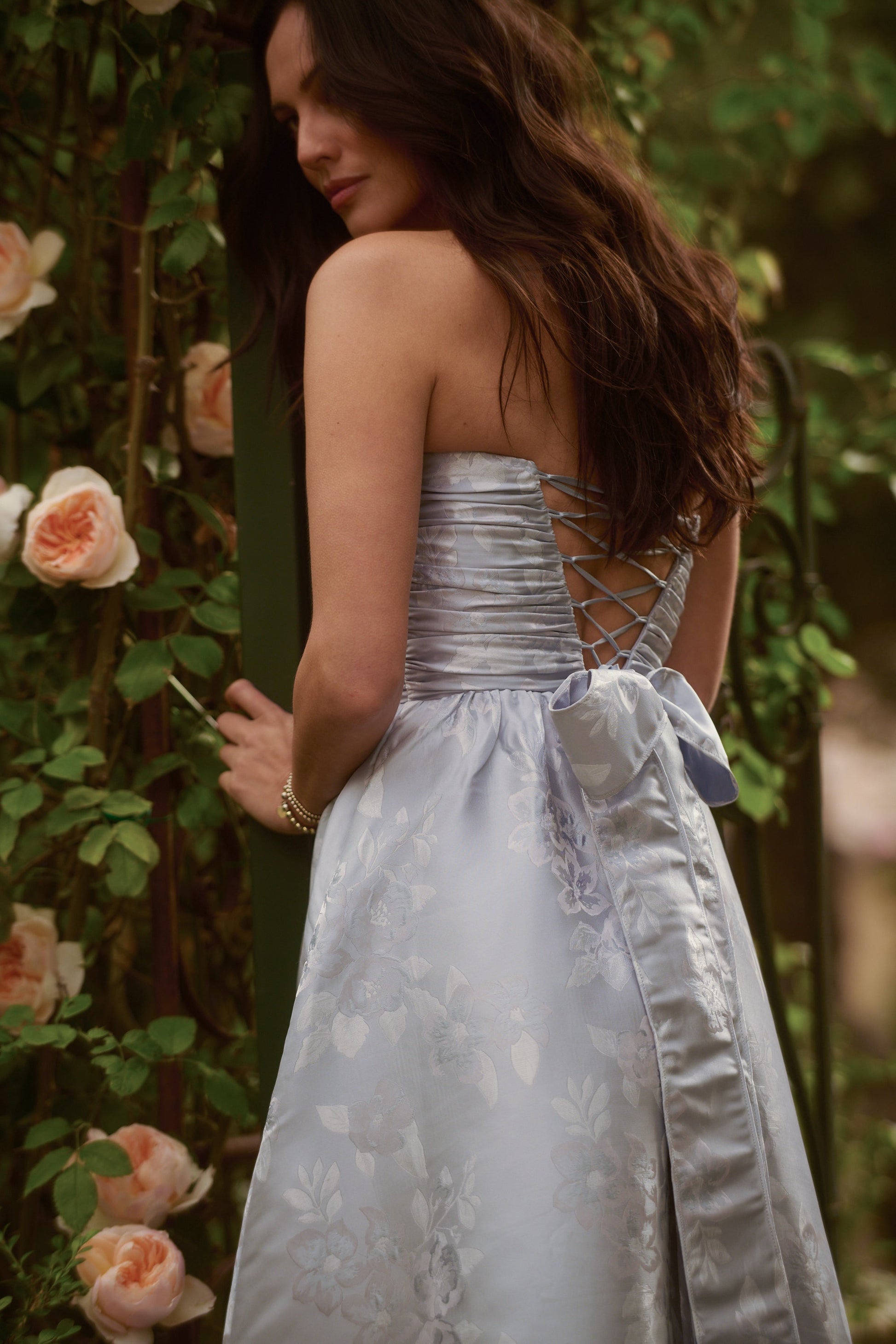 Icelandic Blue Baroque Floral Regina Brocade Midi Dress