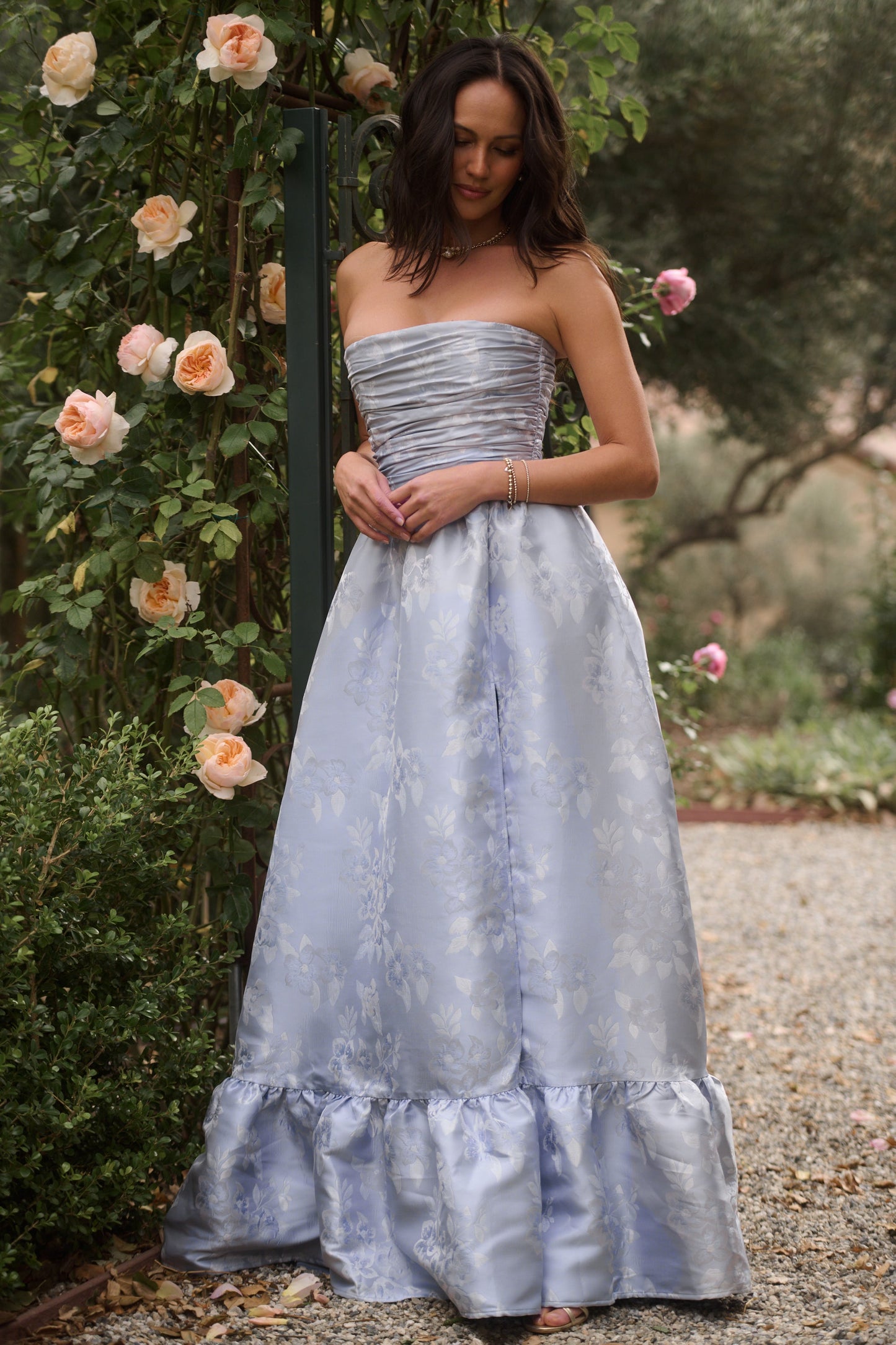 Icelandic Blue Baroque Floral Regina Brocade Midi Dress