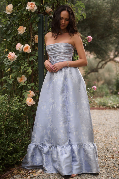 Icelandic Blue Baroque Floral Regina Brocade Midi Dress