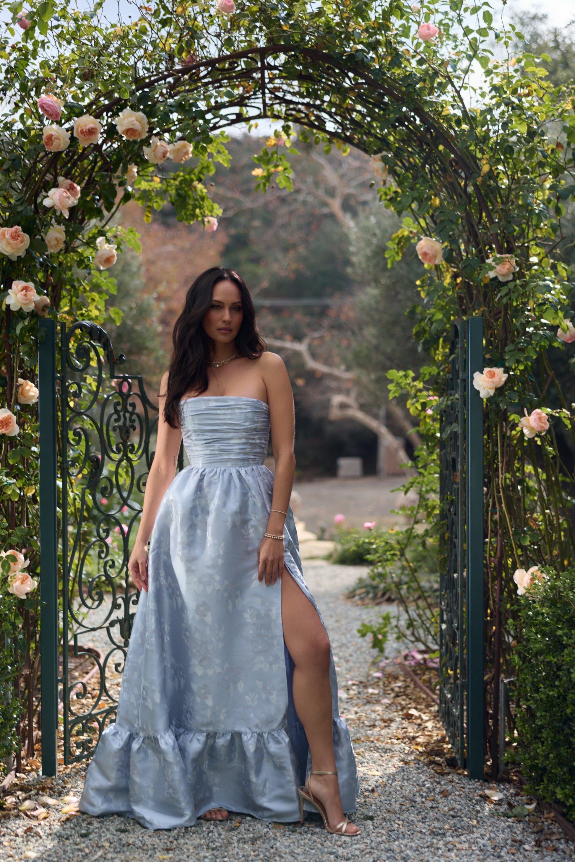 Icelandic Blue Baroque Floral Regina Brocade Midi Dress