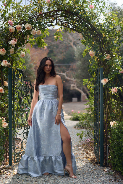 Icelandic Blue Baroque Floral Regina Brocade Midi Dress