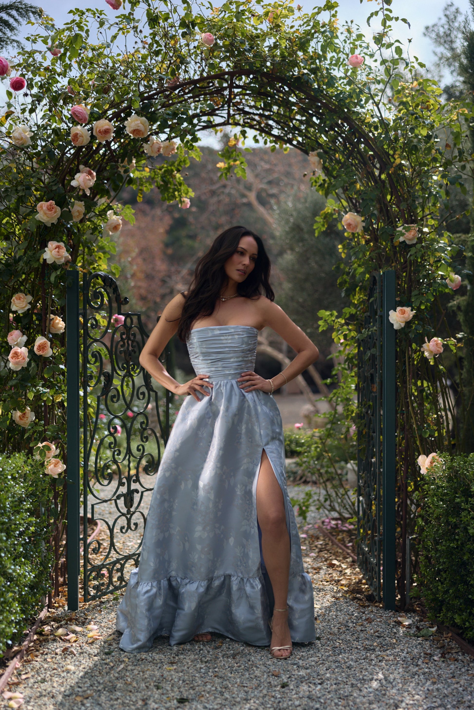 Icelandic Blue Baroque Floral Regina Brocade Midi Dress