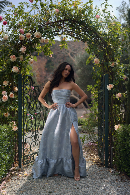 Icelandic Blue Baroque Floral Regina Brocade Midi Dress