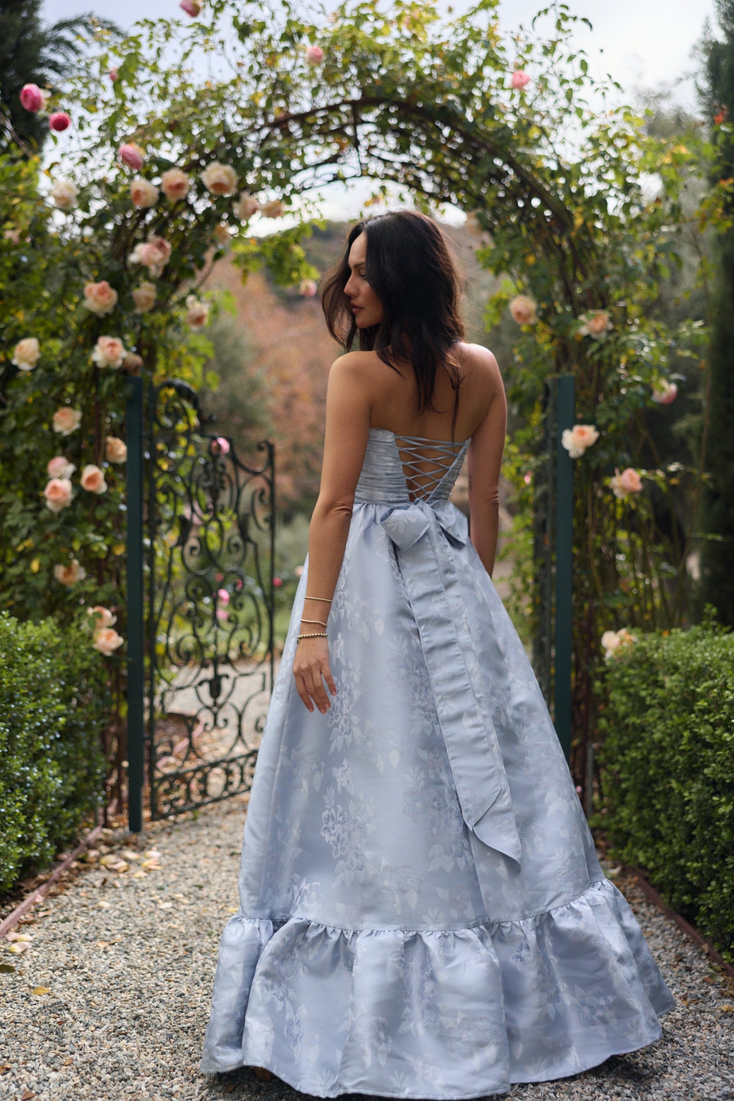 Icelandic Blue Baroque Floral Regina Brocade Midi Dress