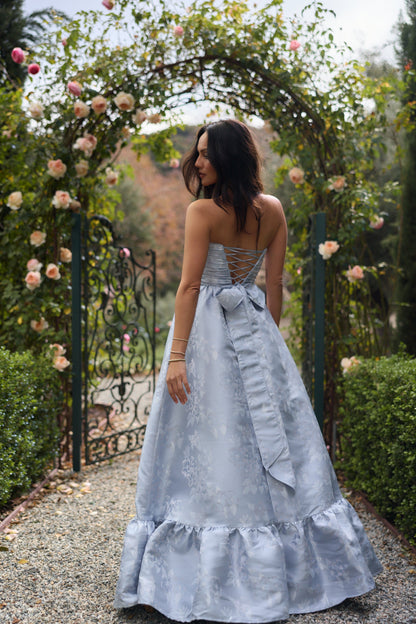Icelandic Blue Baroque Floral Regina Brocade Midi Dress