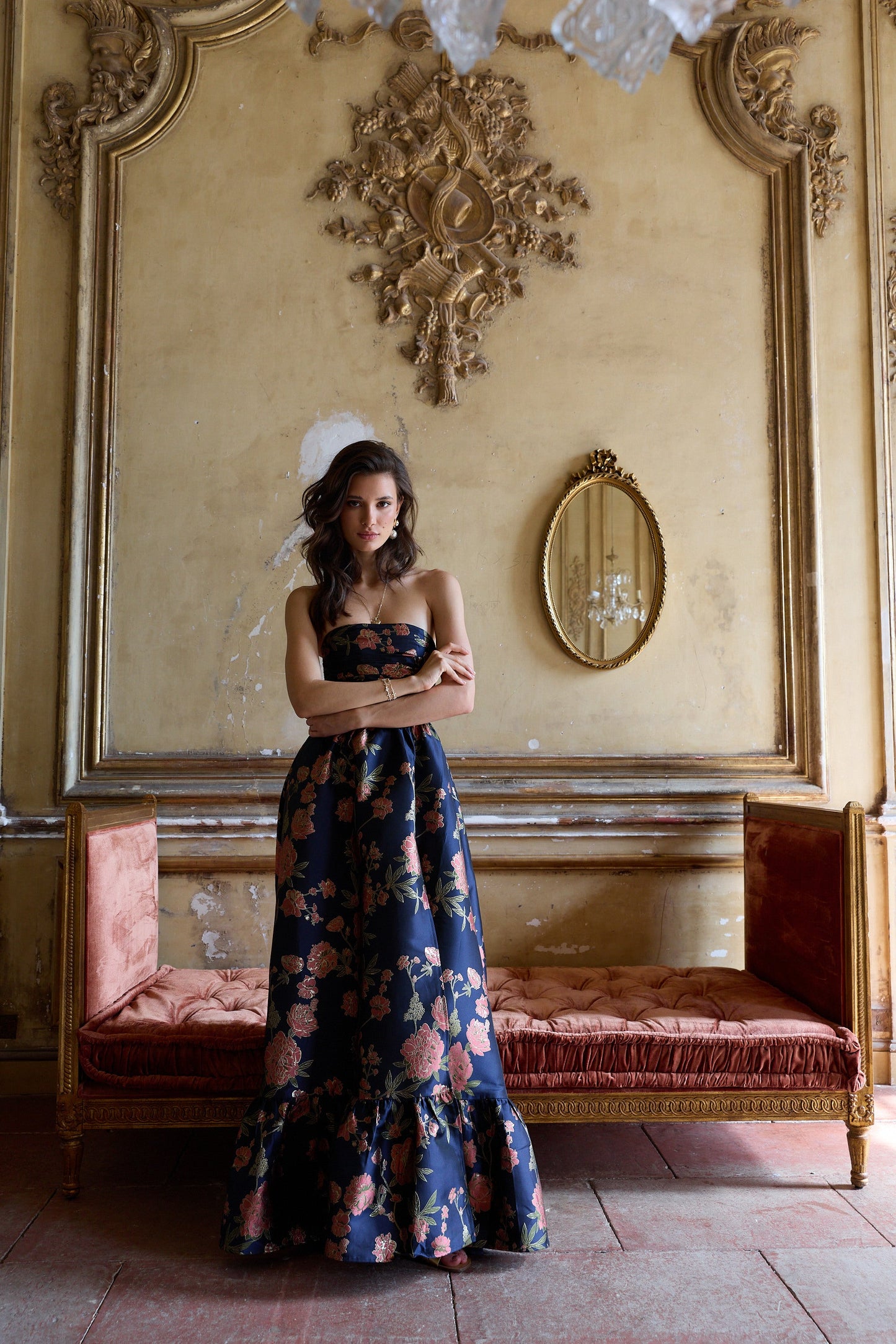 Navy Tudor Rose Brocade Regina Brocade Midi Dress