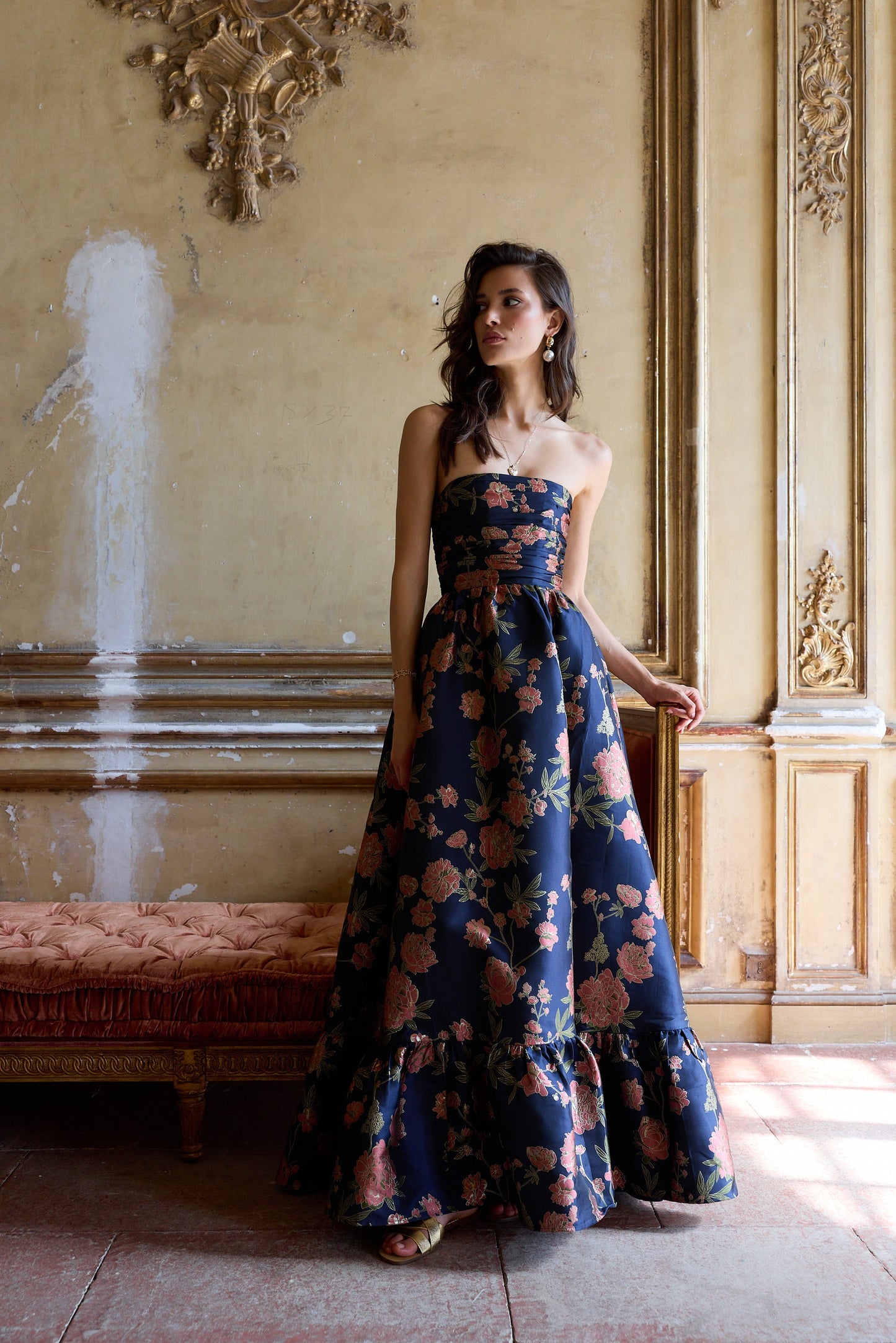 Navy Tudor Rose Brocade Regina Brocade Midi Dress