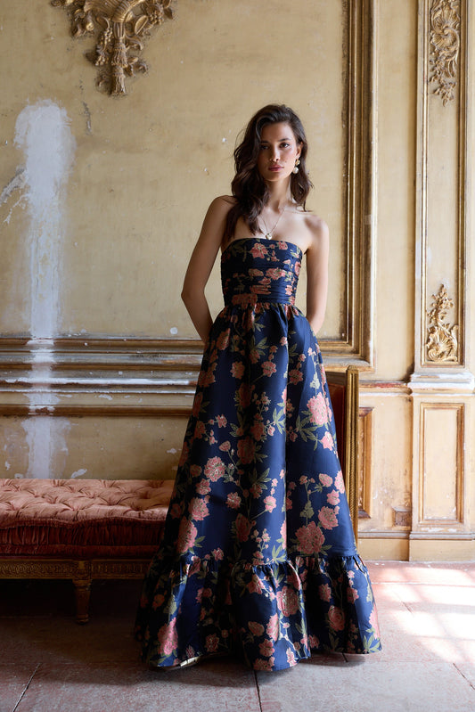 Navy Tudor Rose Brocade Regina Brocade Midi Dress