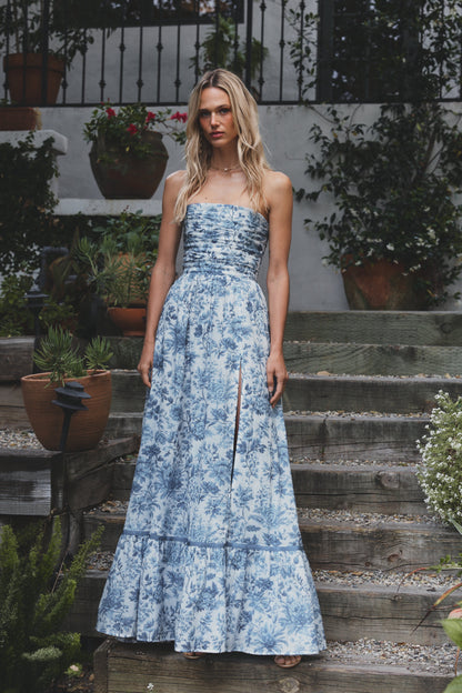 Large Blue Toile Regina Brocade Midi Dress