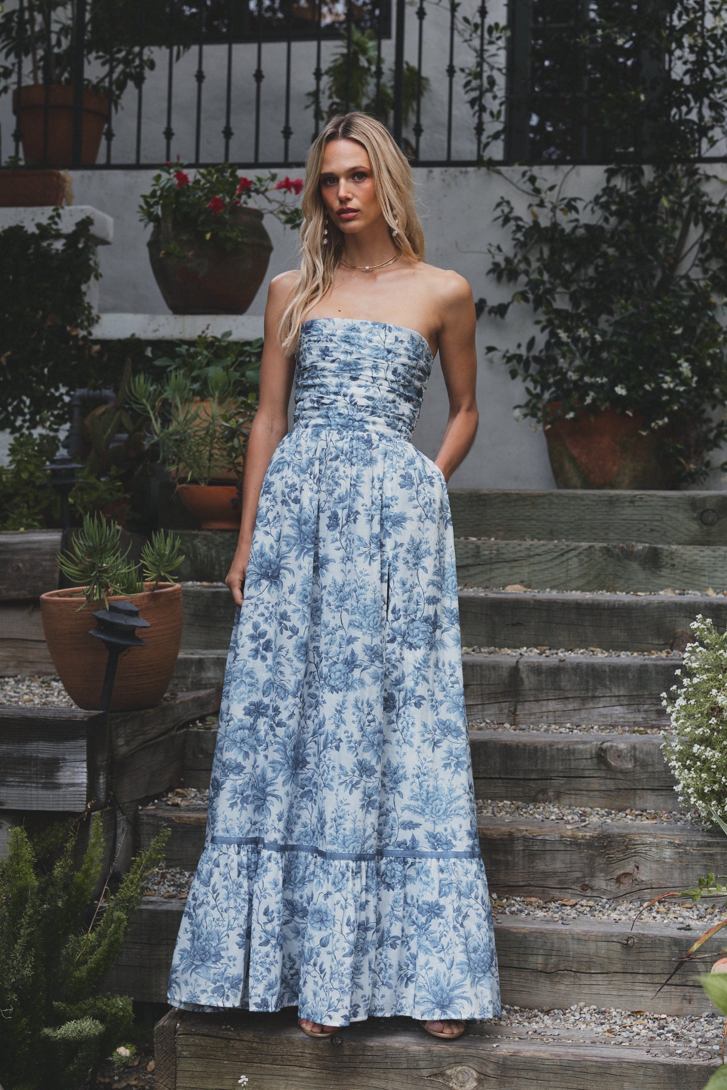 Large Blue Toile Regina Brocade Midi Dress