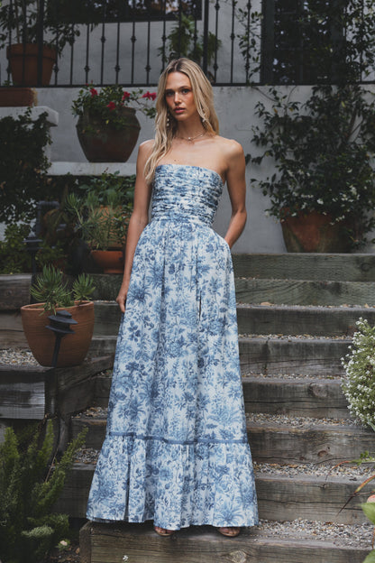 Large Blue Toile Regina Brocade Midi Dress