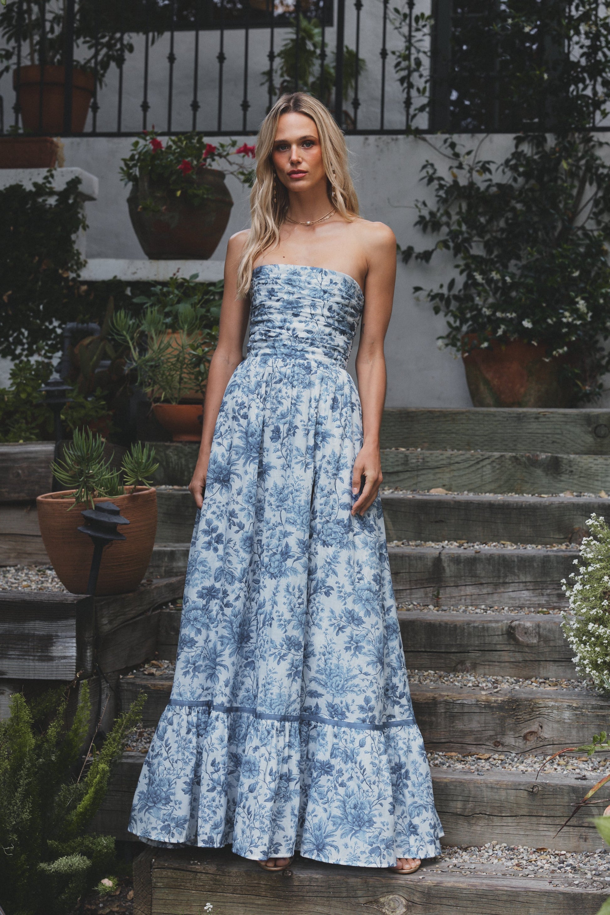 Large Blue Toile Regina Brocade Midi Dress