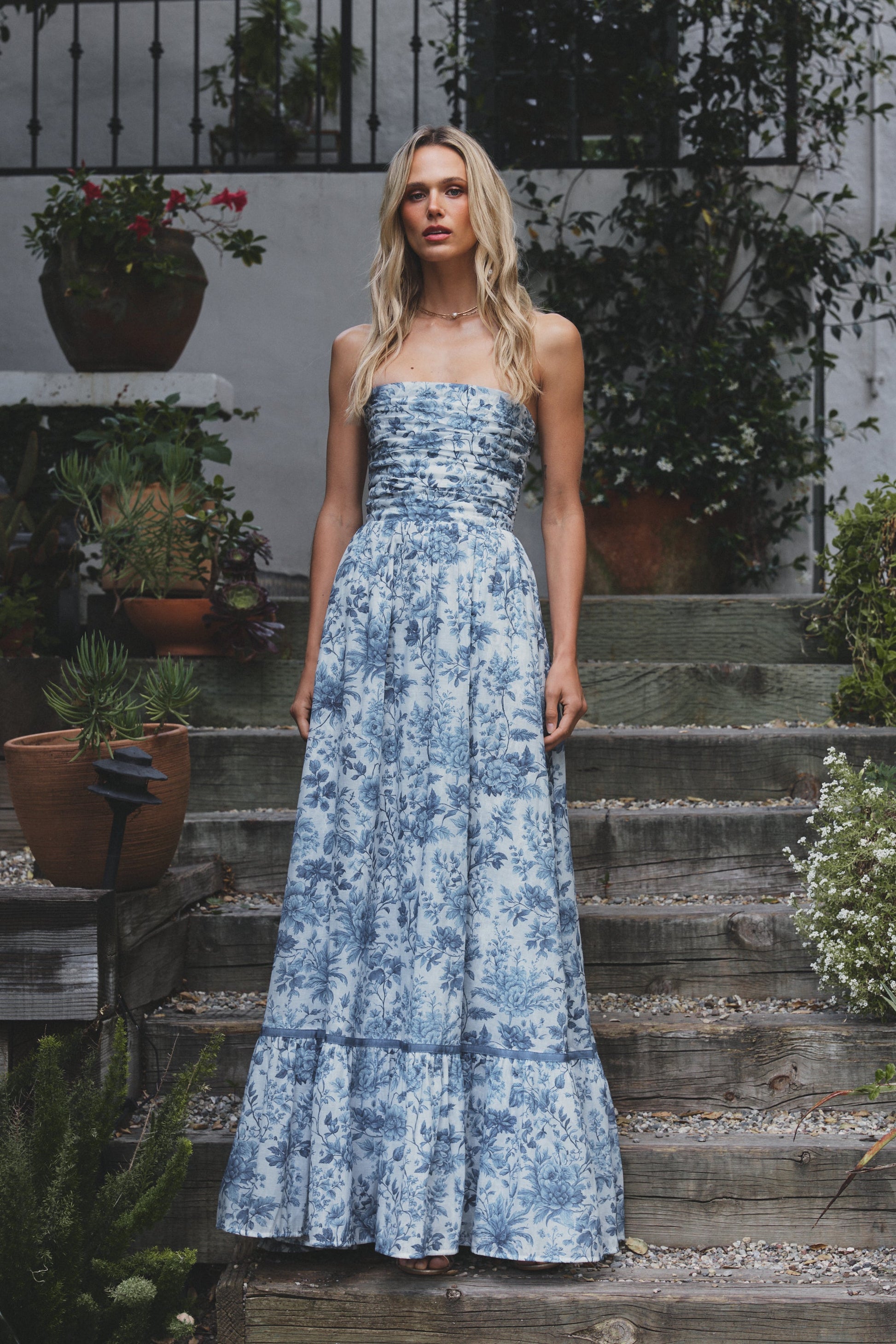 Large Blue Toile Regina Brocade Midi Dress