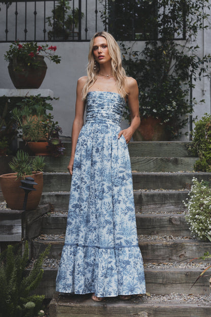 Large Blue Toile Regina Brocade Midi Dress